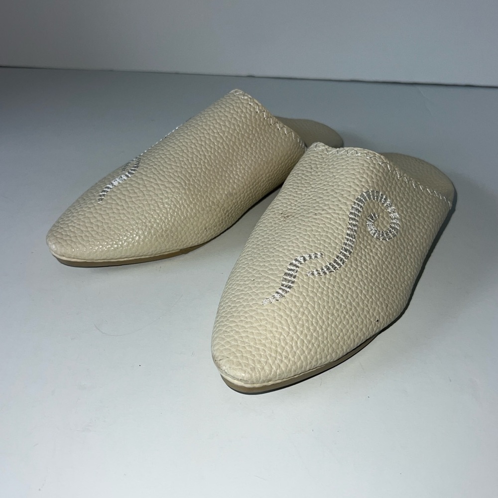 Moroccan Leather Babouche Slipper Embroidered Cream Mules Sz 36
